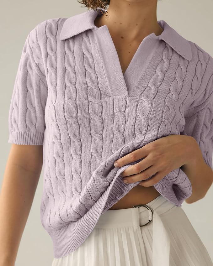 Imily Bela Womens Cable Short Sleeve Sweaters Tops Lapel V Neck Knit Shirt | Solid,Knit Casual,Soft Pullover,Fall Sweaters,Womens Summer Work Tops