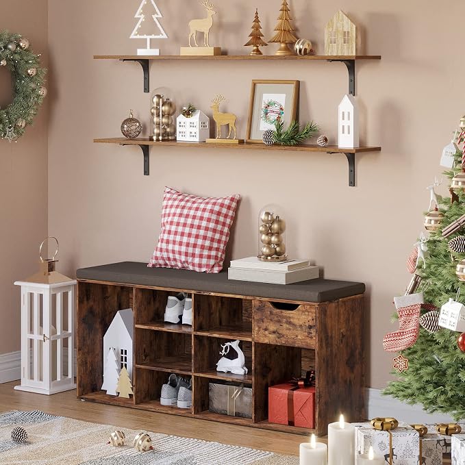 DINZI LVJ Long Wall Shelves, 47.3Inch Wall Mounted Shelves Set of 2, Extra Large Floating Storage Ledges with Sturdy Metal Brackets for Living Room, Bathroom, Bedroom, Kitchen, Rustic Brown