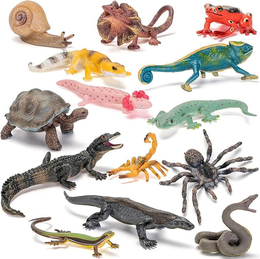 14PCS Reptile Animal Figurines Toys,Desert Amphibians Sand Toys with Axolotl,Lizard,Snake,Spider,Komodo Dragon,Alligator,Rainforest Cold Blooded Plastic Animals Figures Party Favors for Kids