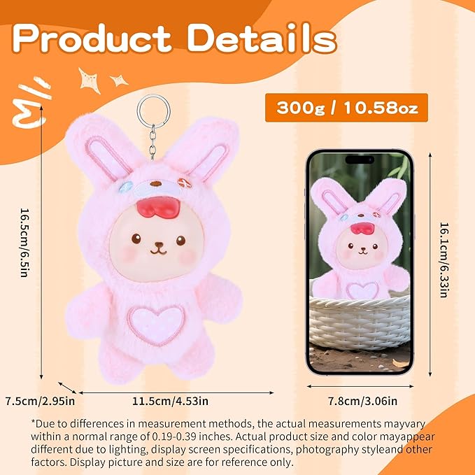Plush Doll, Plush Figure Toys with Vinyl Face Mentl Keyring Heart Embroidery for Girls Boys, Soft Pink Bunny Vinyl Plushies Figure Stuffed Animals Gift for Collectibles Bag Charm Home Decor Birthday