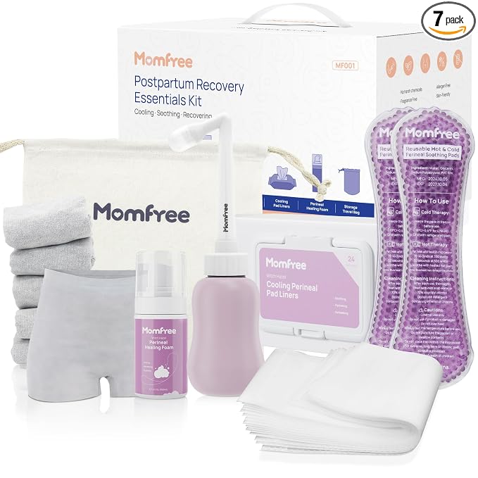 Postpartum Essentials Recovery Kit: Labor Delivery Post Partum 7 Pack Recovery Mom Care Set - Upside Down Peri Bottle | XL Disposable Underwear | Soothing Pads | Perineal Healing Foam | Canvas Bag