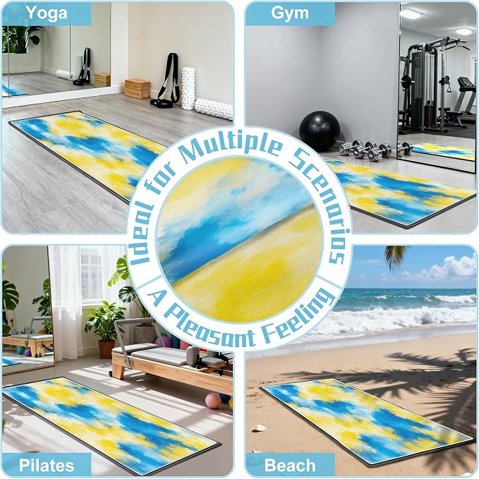 Yoga Mat Towel,Hot Yoga Towel High-Definition Pattern,Machine Washable with Ultra-Absorbent Yoga Towels for Hot Yoga Non Slip for Fitness,Exercise,Pilates,72 x 27 in,Blue & Yellow