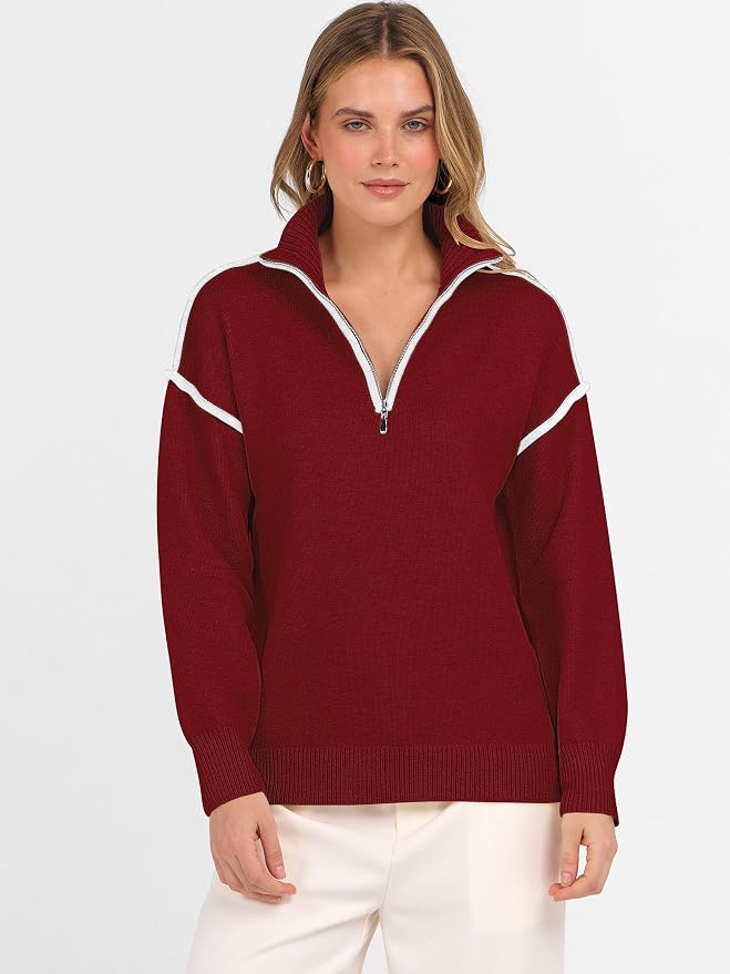 ANRABESS Womens Quarter Zip Sweaters Fall Long Sleeve V Neck Shirts Collared Business Casual Tops Knit Pullover Sweatshirts