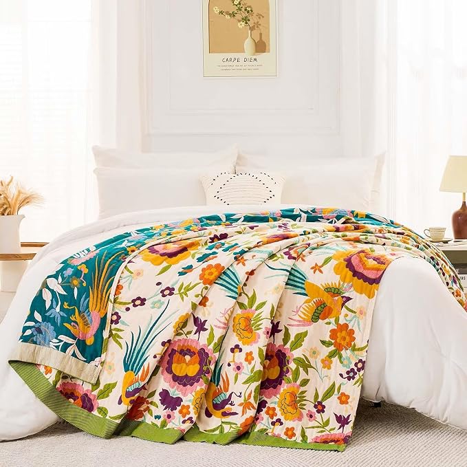 XIBLC Boho Throw Blanket for Bed, 100% Cotton Soft Rustic Quilt Fall Blanket, 50"x60" Colorful Floral Printed Farmhouse Decor Bed Blankets, All Season Rustic Reversible Bohemian Throw Quilt