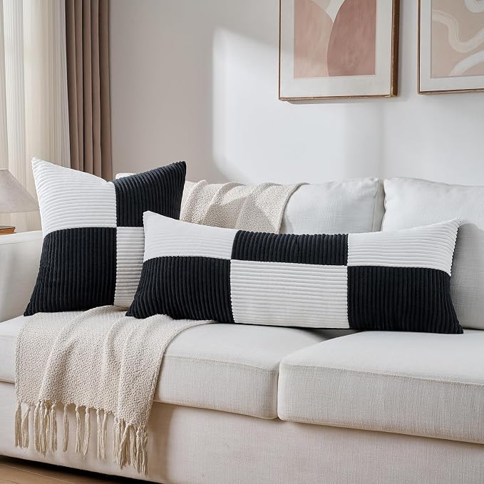 Fancy Homi Set of 2 Black White Long Lumbar Decorative Throw Pillow Covers 12x24 Inch for Couch Bed Sofa, Modern Farmhouse Boho Home Decor, Soft Striped Corduroy Rectangle Accent Cushion Case 30x60 cm