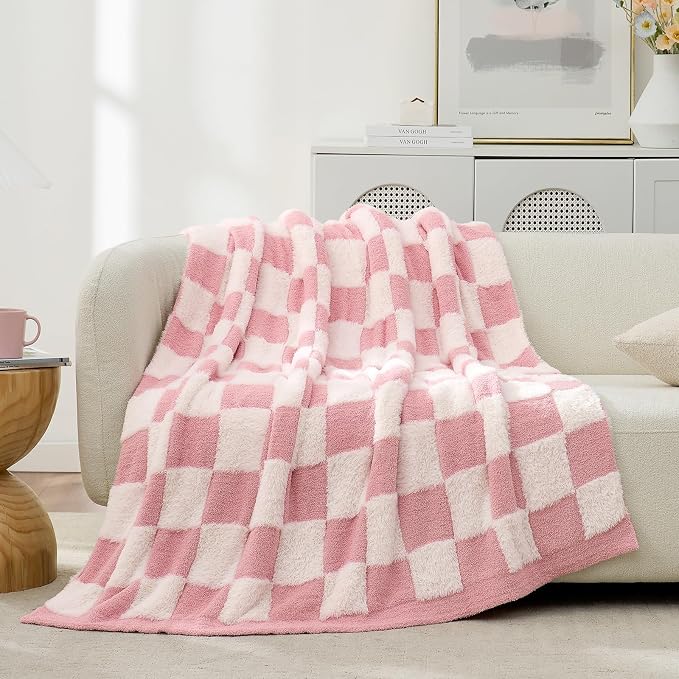 Snuggle Sac Pink Checkered Throw Blanket Faux Fur Microfiber Blankets for Couch,Cozy Soft Warm Blanket for Sofa Bedroom Living Room,Pink Checker,50x60 inches