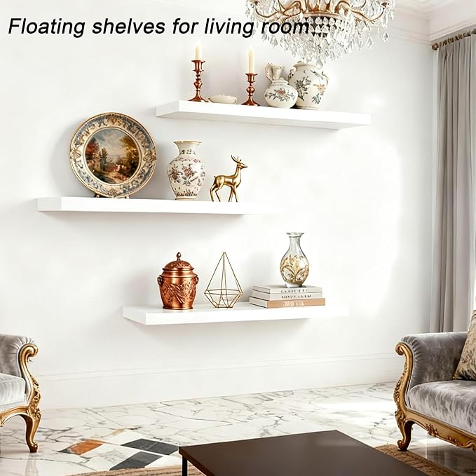 ROGMARS 24 Inch White Paulownia Wood Floating Shelves Set of 3 | Hidden Bracket Space Saving Wall Shelves for Small Apartment | Wall Mounted Storage Shelves for Living Room Kitchen Bedroom