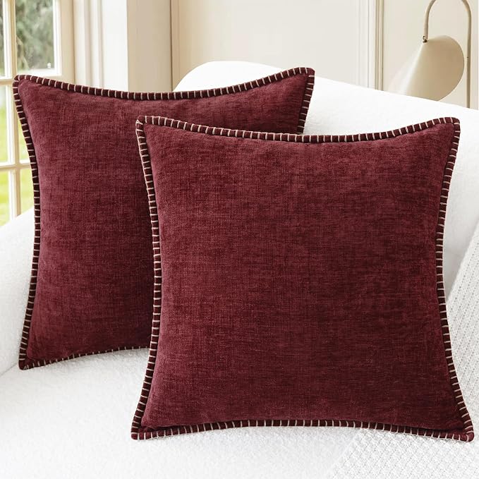CaliTime Decorative Couch Throw Pillow Covers 16 X 16 Inches Burgundy | Pack of 2, Cozy Chenille Cushion Cases, Cotton Thread Stitching Edges, for Sofa Bed Living Room Farmhouse