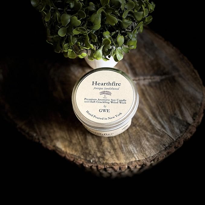 Hearthfire in Tin Can by GWE - Smoky Sandalwood Scented Soy Candle w/Wood Wick - Dark Sweet Creamy Aromatherapy - Infused w/Natural Oils, Made in The USA - Gift for Men & Women