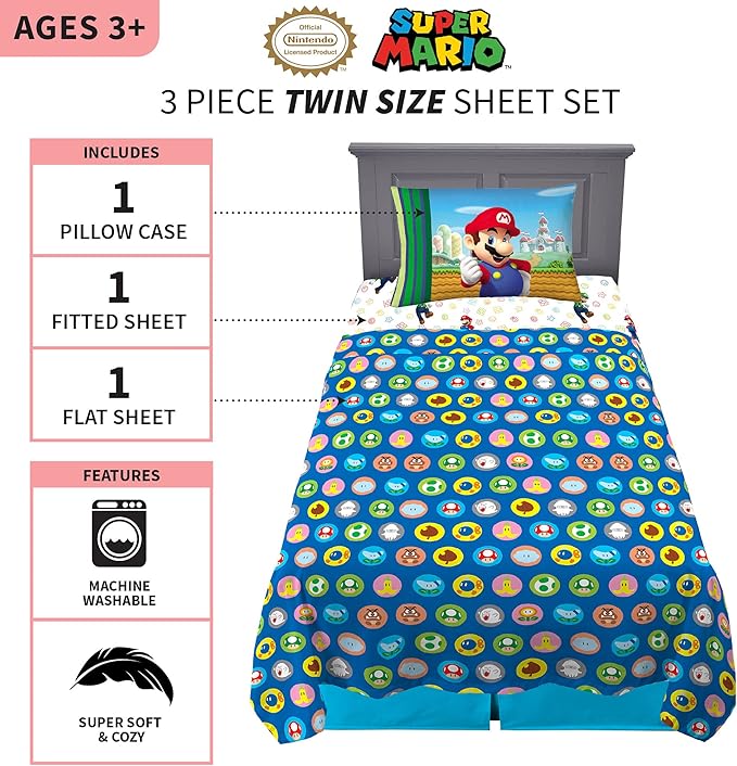 Franco Kids Bedding Super Soft Microfiber Sheet Set, Twin, Mario