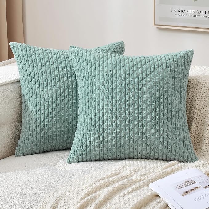 MIULEE Decorative Throw Pillow Covers 18x18 Turquoise Textured Corduroy | Pack of 2 Striped Pillow Covers Modern Farmhouse Home Decor for Couch Bed Sofa Living Room