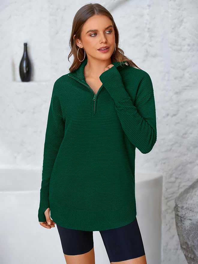 PRETTYGARDEN Womens Long Sleeve Quarter Zip Pullover Sweater Casual Loose V Neck Collared Ribbed Knit Jumper Tops Thumb Hole