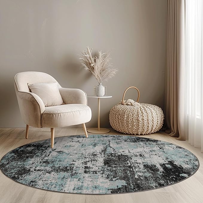 RELEANY Washable Round 4ft Area Rug for Living Room Teal Black | carpet for bedroom, kitchen, office, hallway and entryway, printed pattern, non-slip, soft, stain-resistant, easy to clean