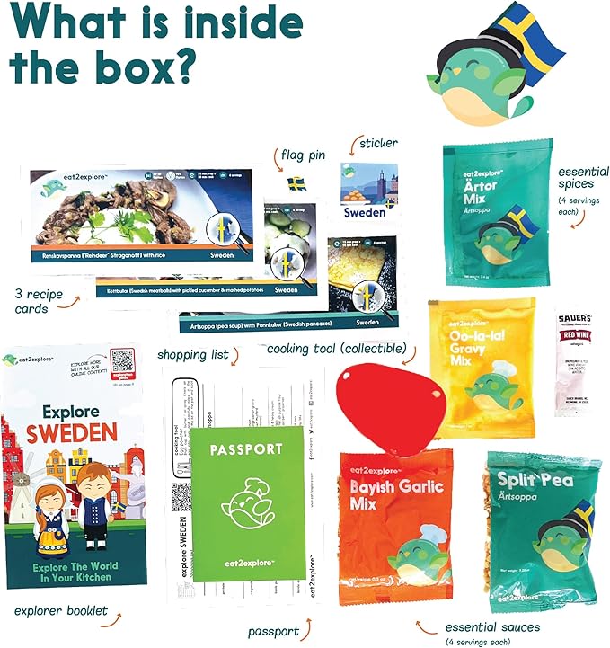 Cooking Kits for Kids - Interactive & Educational Set with 3 Recipe Cards, Key Ingredients & Cooking Tools - Ideal Idea for Kids who Love to Create Meals (Sweden Edition)