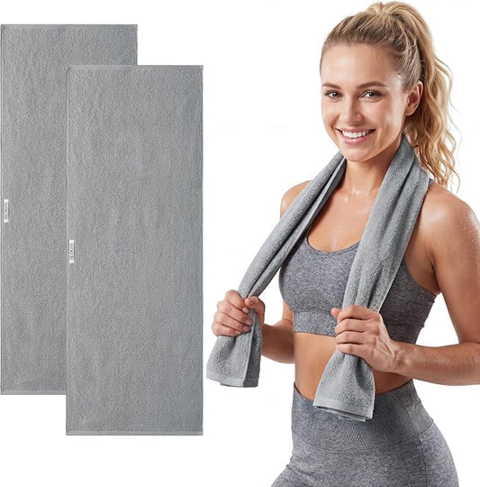 REDKISS 2 Pack Cotton Workout Towels, 43" x 16" Super Absorbent Soft Gym Towels for Men & Women, Large Sweat Sports Towel for Yoga Running Swimming Travel Camping - Light Gray