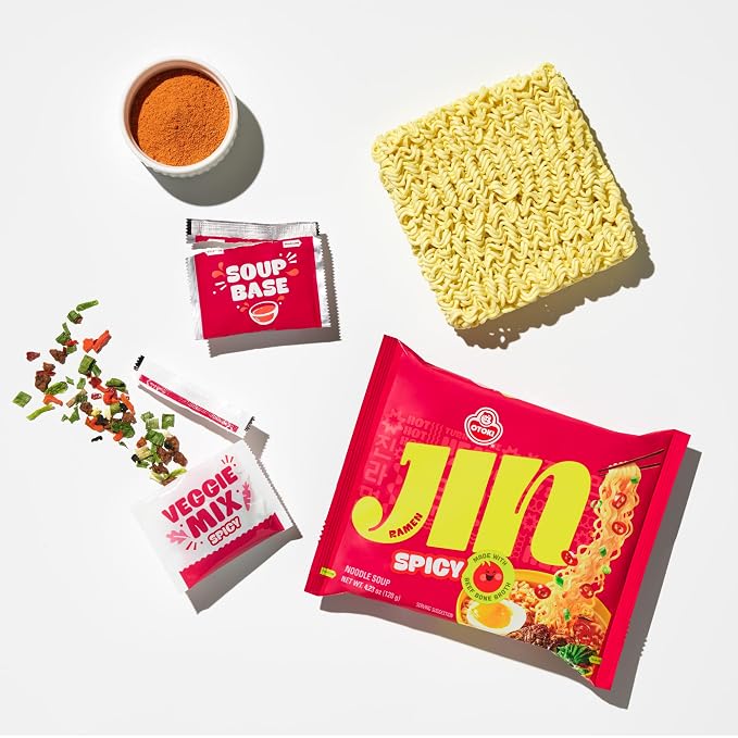 OTOKI Jin Ramen Spicy Korean Instant Ramen, 13-Hour Simmered Beef Bone Broth, Bold Spicy Flavor, Ready in 4 Minutes, 4.23 oz (Pack of 18)