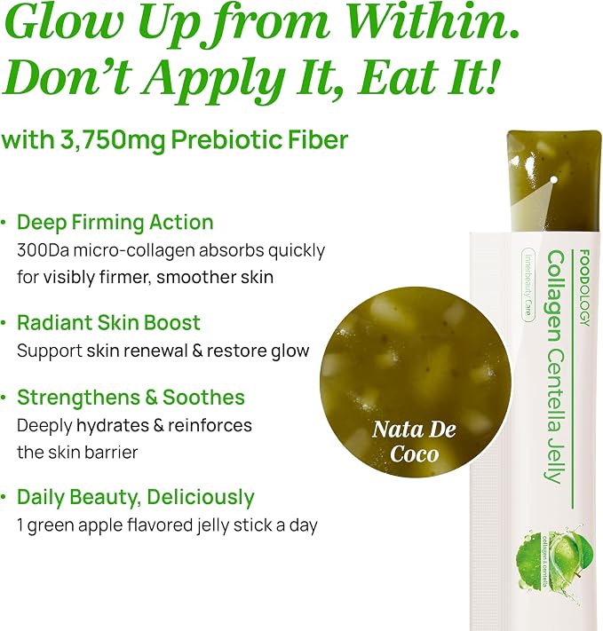 FOODOLOGY Coleology Centella Jelly Collagen Petide, Gree Apple, 10 Sticks | PDRN, Biotin & Hyaluronic Acid, Vitamin for Skin Glow, Hair & Nail Support, Korean Jelly Collagen Sticks