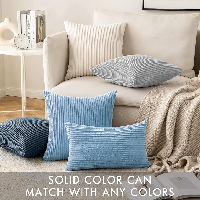 MIULEE Decorative Corduroy Throw Pillow Covers Set of 2 18x18 Light Blue | Soft Striped Textured Cushion Cases, Boho Energetic Vibe Pillowcases for Home Decor, for Couch Chair Sofa Bed Living Room