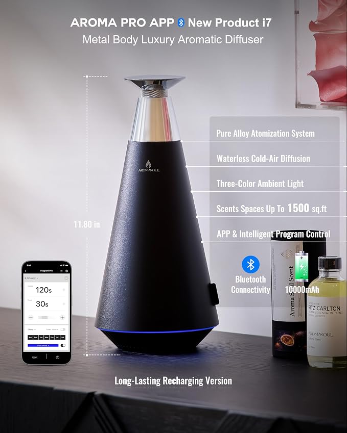 All-Metal Waterless Scent Diffuser Kit – 1500 Sq.Ft Coverage, Wireless Rechargeable,App Control, Mood Light, Hotel Scent Diffuser, Includes 5×15ml Essential Oils, for Home,Large Room,Spa,Black