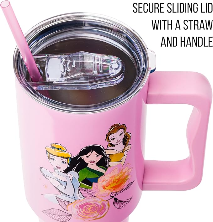 Silver Buffalo Disney Princess Featuring Cinderella, Mulan, Belle, Ariel, Tiana, and Jasmine Double Walled Stainless Steel Tumbler with Handle and Straw, Fits in Standard Cup Holder, 40 Ounces