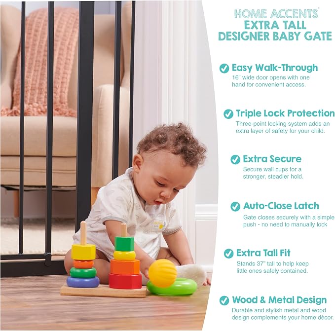 Regalo Safety 37" Extra Tall Baby Gate for Doorways & Bottom of Stairs, Wood Accent Pressure Mounted Gate with Door for Babies, Toddlers & Pets, Tested & Safe for 30 Years, American Designed and Owned