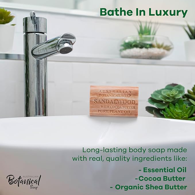 Australian Botanical Soap Sandalwood with Cocoa Butter – Triple Milled 6.6 oz Bar Soap with Shea Butter, Face Hand & Body Soap Bars, Pack of 6