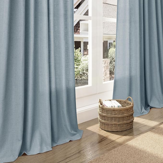 Nanspring Light Blue Linen Curtains 72 Inch Length for Living Room Semi Sheer Light Filtering Door Drapes 2 Panels Set for Kids Bedroom Light Filtering Back Tab Rod Pocket Modern Farmhouse Decor 52x72