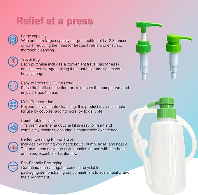350ml Enema & Vaginal Douche Kit, Portable Intimate Irrigator with Press Pump, Silicone Hose & 5 Reusable Nozzles, Reusable Personal Cleansing System for Women & Men (1Bottle+3Nozzle)