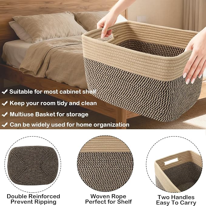 3 Pack Woven Baskets,Storage Baskets for Shelves with Handles | 13.5"×11"×9.5", Closet Baskets, Nursery Organizer for Toys Towels Books, Storage Bin for Living Room Bedroom (Jute & Black)