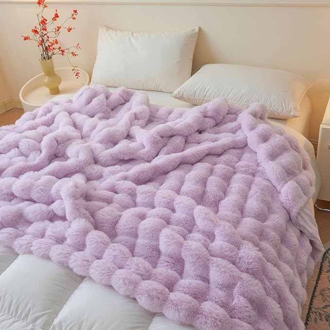 LIFEREVO Luxury Fluffy Faux Rabbit Fur Throw Blanket 60x80, Lavender | Plush Furry Bubble Lap Throw for Couch Sofa Office, Soft Cozy Light Purple Bed Blanket Home Decor, Washable & Skin-friendly