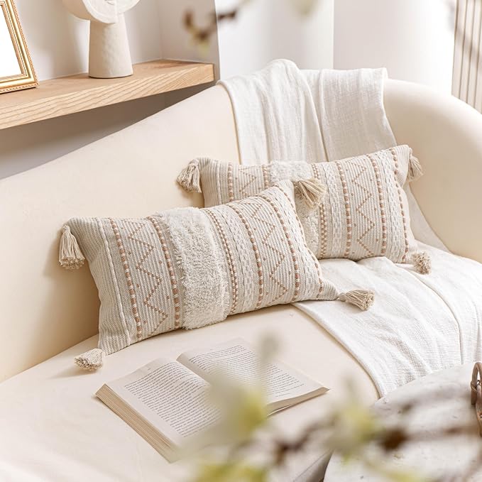 Decorative Lumbar Throw Pillow Covers 12x20 Combo Set of 2 Cream Neutral Rectangular Boho Accent Pillowcase Farmhouse Cushion for Couch Sofa Bedroom Living Home Décor Cover ONLY