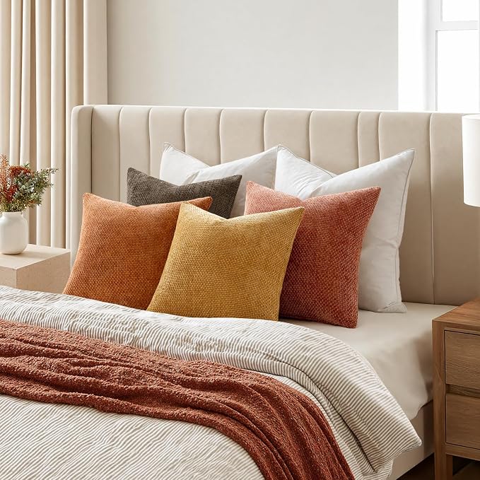 MIULEE Decorative Chenille Fall Pillow Covers Orange Brown 20x20 Pack of 4 | Rustic Decor, Autumn Harvest Orange Collection, Couch Throw Pillows, Farmhouse Boho Cushion Covers for Sofa Bed Living Room