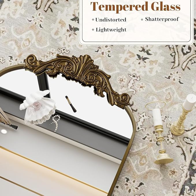 Dewfig Antique Arched Wall Mirror, 36"x24" Vintage Bronze Bathroom Mirror | Ornate Baroque Metal Frame Brass Mirror, Victorian Antique Bronze Mirrors for Living Room, Bathroom, Fireplace, Wall Decor