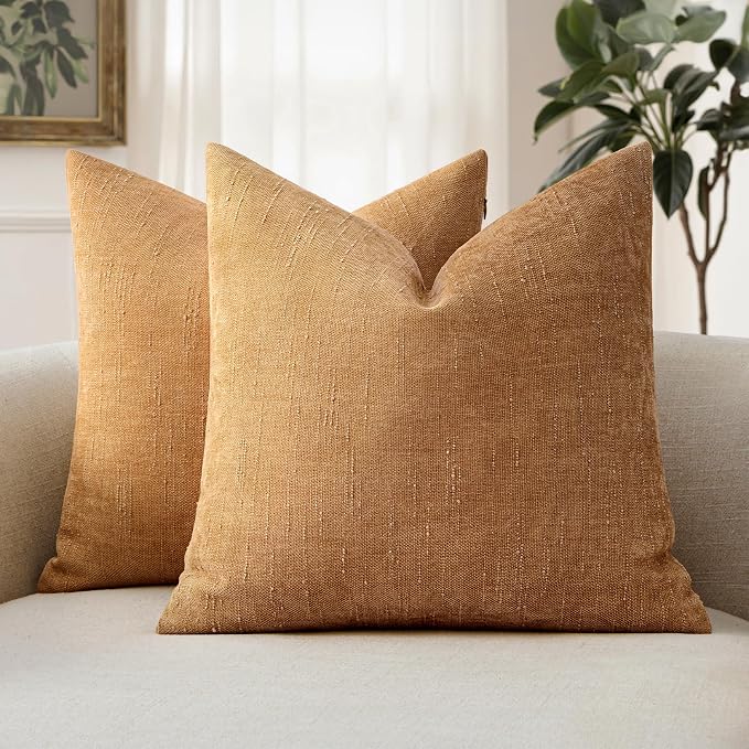 MIULEE Textured Chenille Throw Pillow Covers 18x18 Inch Golden Brown | Pack of 2 Decorative Soft Throw Pillows, Solid Textured Cushion Covers, Modern Home Decor for Couch Sofa Bedroom Living Room