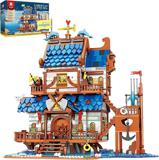 Medieval Fishing Store Lighting Building Block Sets for Adults, Medieval Architecture Display or Home Office Decor, Creative Construction Building Kits 66007, Idea Gift for Adults and Teen