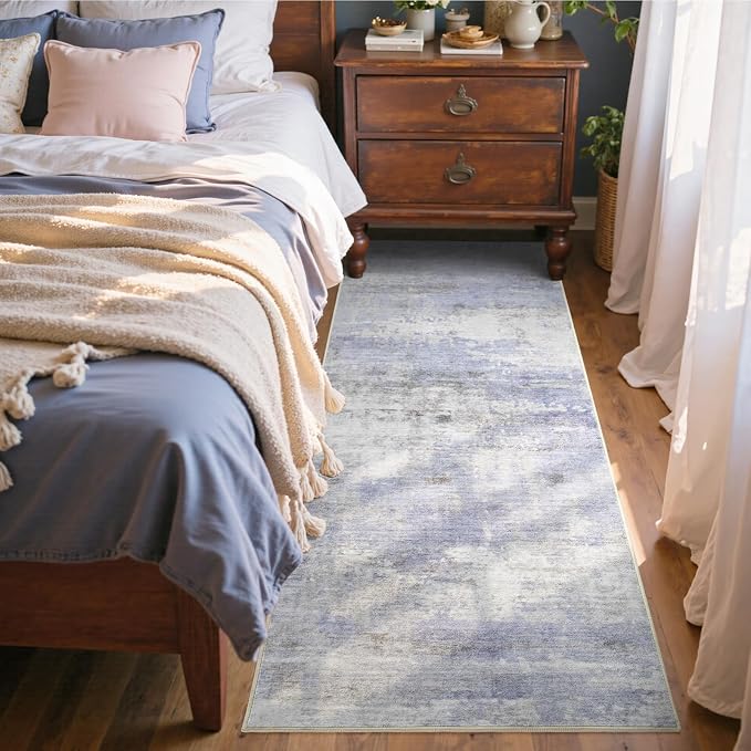 2x6 Ft Washable Runner Rug, Non-Slip Low Pile Hallway Kitchen Area Rug, Soft Long Entryway Floor Mat Abstract Pattern Carpet for Bedside & High-Traffic Areas (Blue/White)