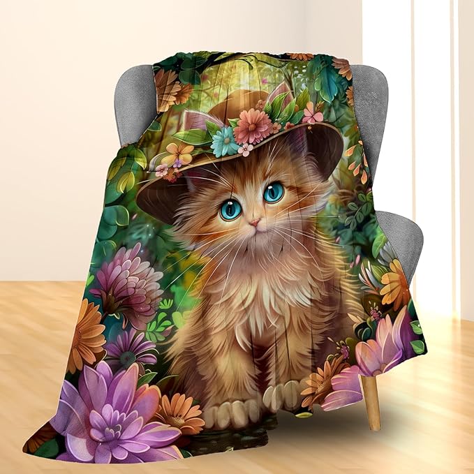 Cute Cat & Floral Blanket, Soft Warm Lightweight Flannel Throw Blanket for Couch, Bed, Travel & Outdoor, Cozy Fluffy Fuzzy Blankets for Women Girls, Home Decor 50×40 in