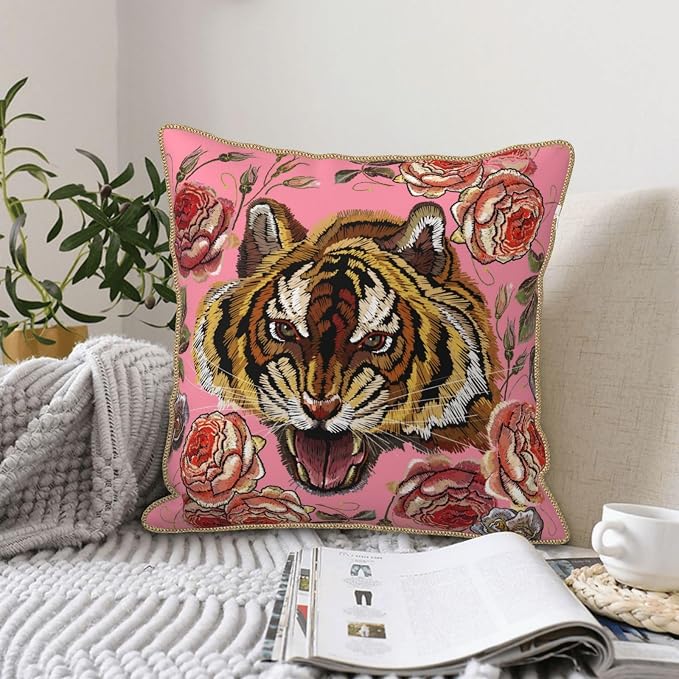 Tiger Floral Pink Velvet Pillow Covers 16x16 Inch Flower Animal Print Throw Pillows for Couch Farmhouse Cushion Covers Pillowcase Modern Pillow Cases for Sofa Bed Living Room Outdoor Decor