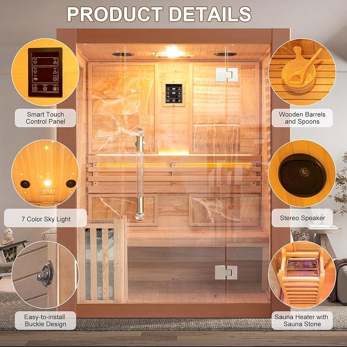 Smartmak Wood Home Steam Sauna, WiFi Control 3 Person Canadian Red Cedar Traditional Luxurious Wooden Indoor Spa Room, with 4.5 kw Heater, Speaker, Rocks, Water Bucket, Spoon, Sky Lights