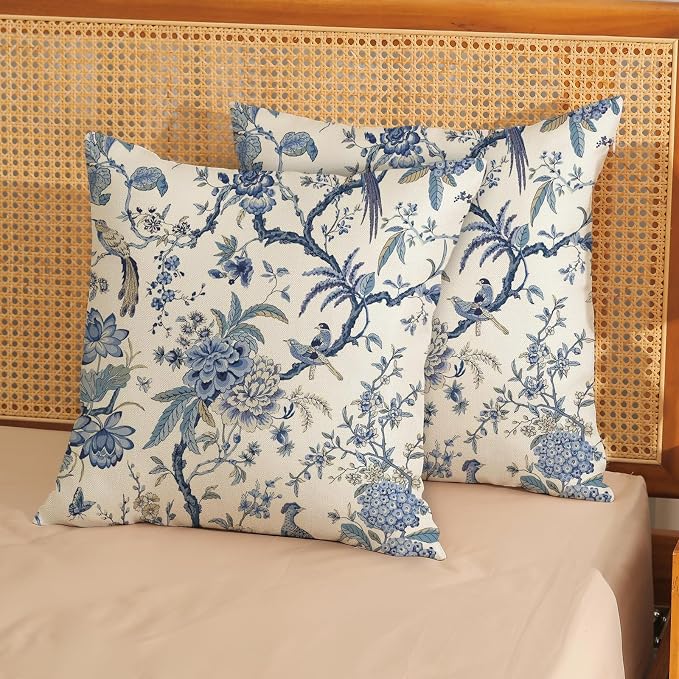 Chinoiserie Floral Bird Pillow Covers 22x22 Set of 2 Blue Chinoiserie Flowers Decorative Pillow Cases Outdoor Decor Blue and Cream Throw Pillows Farmhouse Linen Cushion Cover for Couch Home