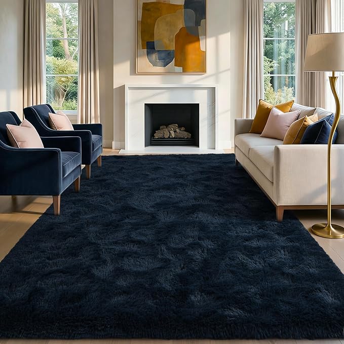 5x7 Fluffy Area Rug Blue Rugs for Living Room, Plush Soft Navy Blue Shag Carpet for Bedroom Boys Book Room Nursery Kids Playroom Dorm Decor