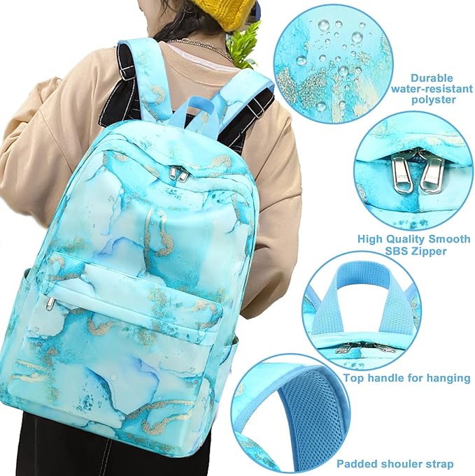 Bluboon Teen Girls School Backpack Kids Bookbag Set with Lunch Box Pencil Case Travel Laptop Backpack Casual Daypacks (Marble Gold blue)