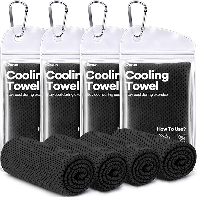 ROXUN 4 Pack Cooling Towels, 40''x12'' Soft Breathable Chilly Neck Ice Rags | Workout Running Golf 4 Black