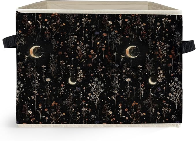 Dark Witchy Moon Floral Storage Box Bins, Mystical Gothic Wildflower Botanical Collapsible Storage Basket Organizer for Bedroom Laundry Room Home Clothes Books, Decor for Room