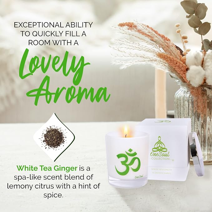 White Tea Ginger Aromatherapy Scented Candles, Luxury Spa Lemony Citrus Yoga Candles for Home Scented with Om Design, Hand-Poured Soy Candles, 50 Hours Burning Time, 7.6 oz. - OneSoul Collection
