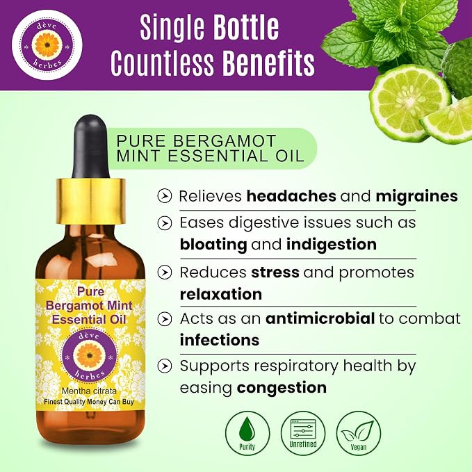 Deve Herbes Pure Bergamot Essential Oil (Citrus bergamia) with Glass Dropper Steam Distilled 100ml (3.38 oz)