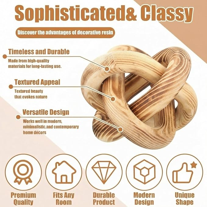 Yalikop 3 Link Wood Knot Decor Rustic Home Décor Accents Hand Carved Coffee Table Decoration, Boho Chain Link Decoration, Modern Shelf, Rustic Objects for Home Living Room Bedroom(Burnt)