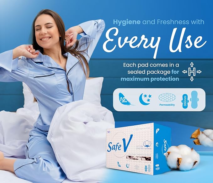Sanitary Napkins for Women, 10 pcs (350mm) - Night Use Ultra Thin Feminine Pads with Wings for Extra Heavy Flow - Breathable, Chlorine-Free, Hypoallergenic Pads with Leak-Proof Protection