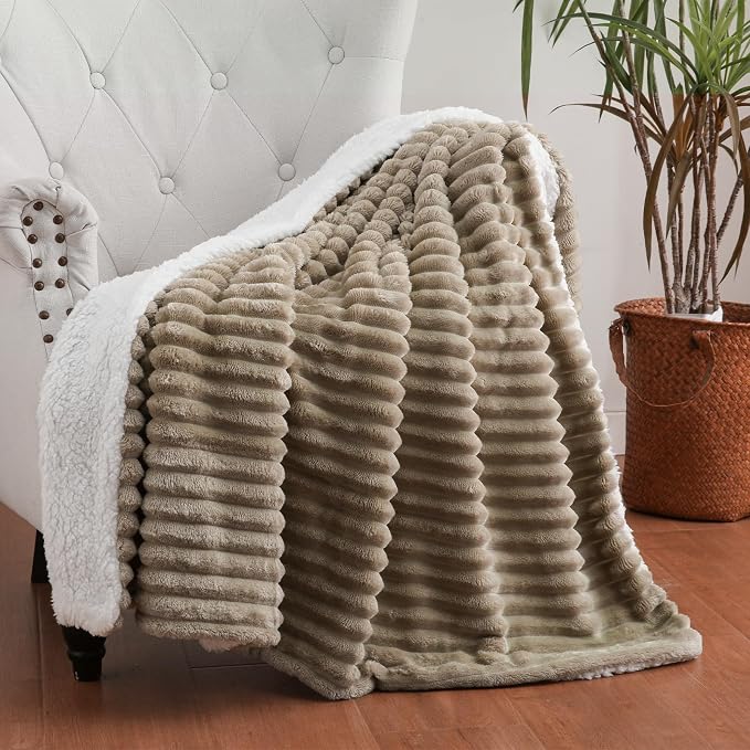 Tan Sherpa Fleece Throw Blanket 60”×80”for Couch Sofa Bed | Double Side Soft Fuzzy Cozy Plush Thick Flannel Blanket with Striped Design Gift for Adults,Woman