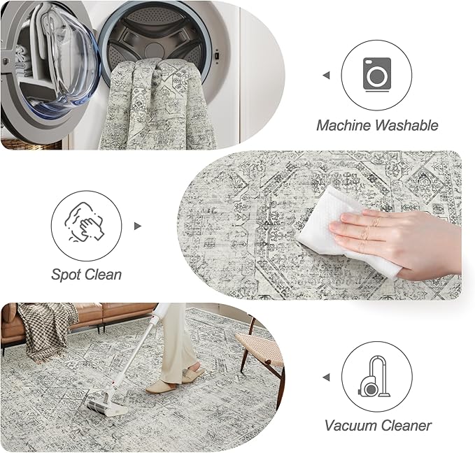 Soalmost 6x9 Area Rug for Living Room Washable Non-Slip Rugs Light Gray | Low-Pile Vintage Carpet for Dining Bedroom, Foldable Thin Stain Resistant Floor Mat Under Table Home Office Nursery Decor